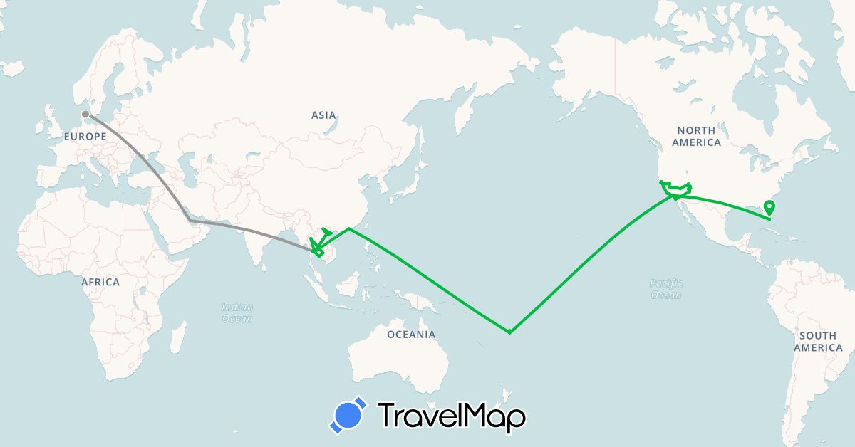 TravelMap itinerary: driving, bus, plane in Denmark, Fiji, Hong Kong, Cambodia, Qatar, Thailand, United States, Vietnam (Asia, Europe, North America, Oceania)